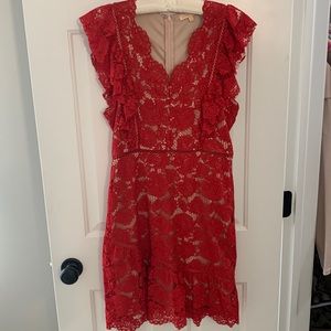 Red lace wedding guest dress
